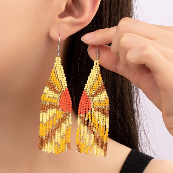 Here Comes The Sun Seed Beaded Boho Hippie Western Gypsy Long Earrings - Picture 5 of 5